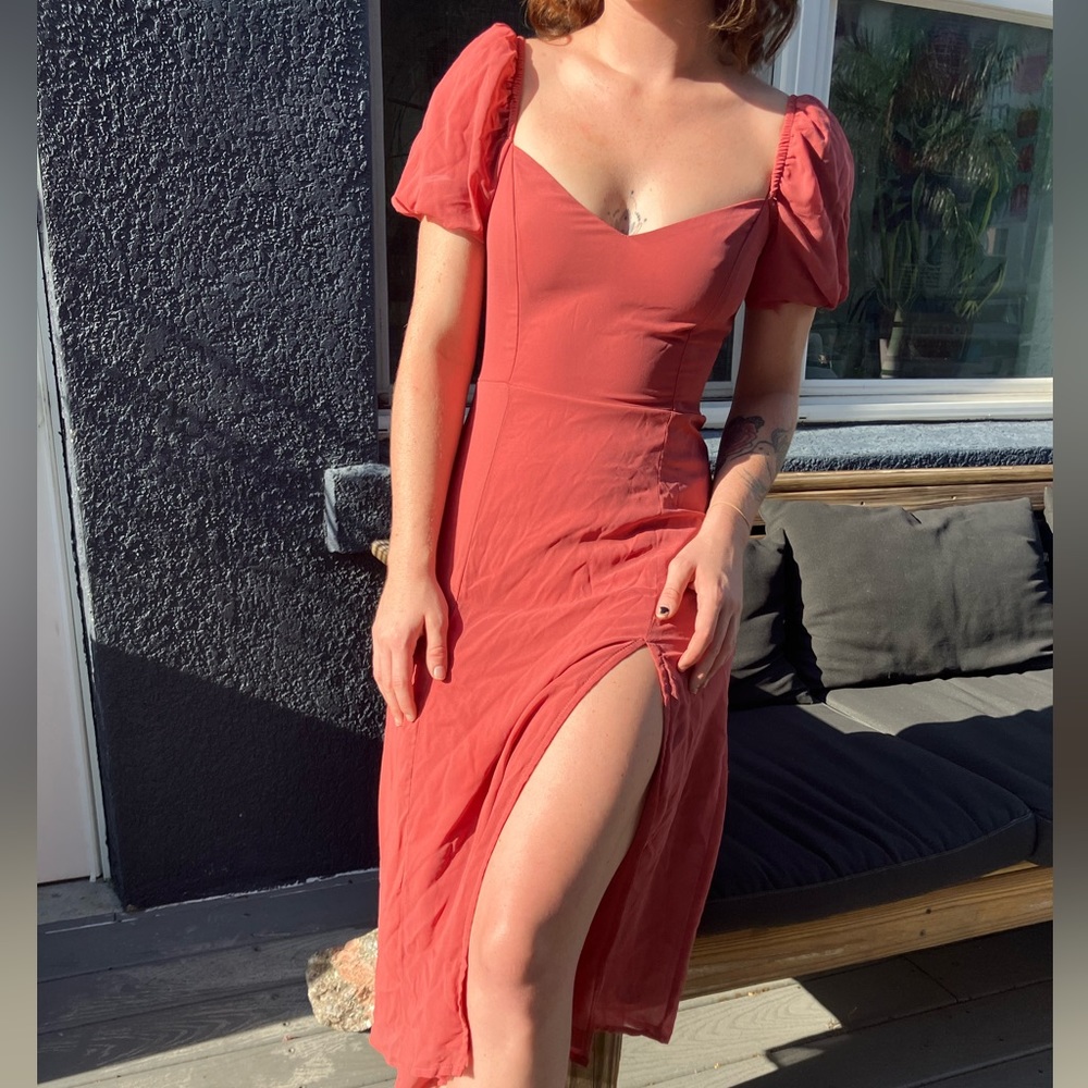 Midi Puff Sleeve Dress with Slit